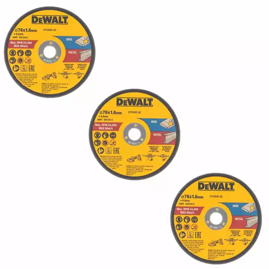 3 tarcze korundowe do cięcia, 76mm o grubości 1,6mm DeWALT metal, inox DT20592-QZ - obrazek 2